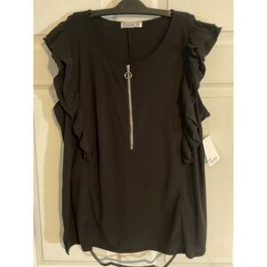 89th + Madison Womens 1X Black Ruffle Sleeve Zip Front Blouse K0967AX1189 NWT